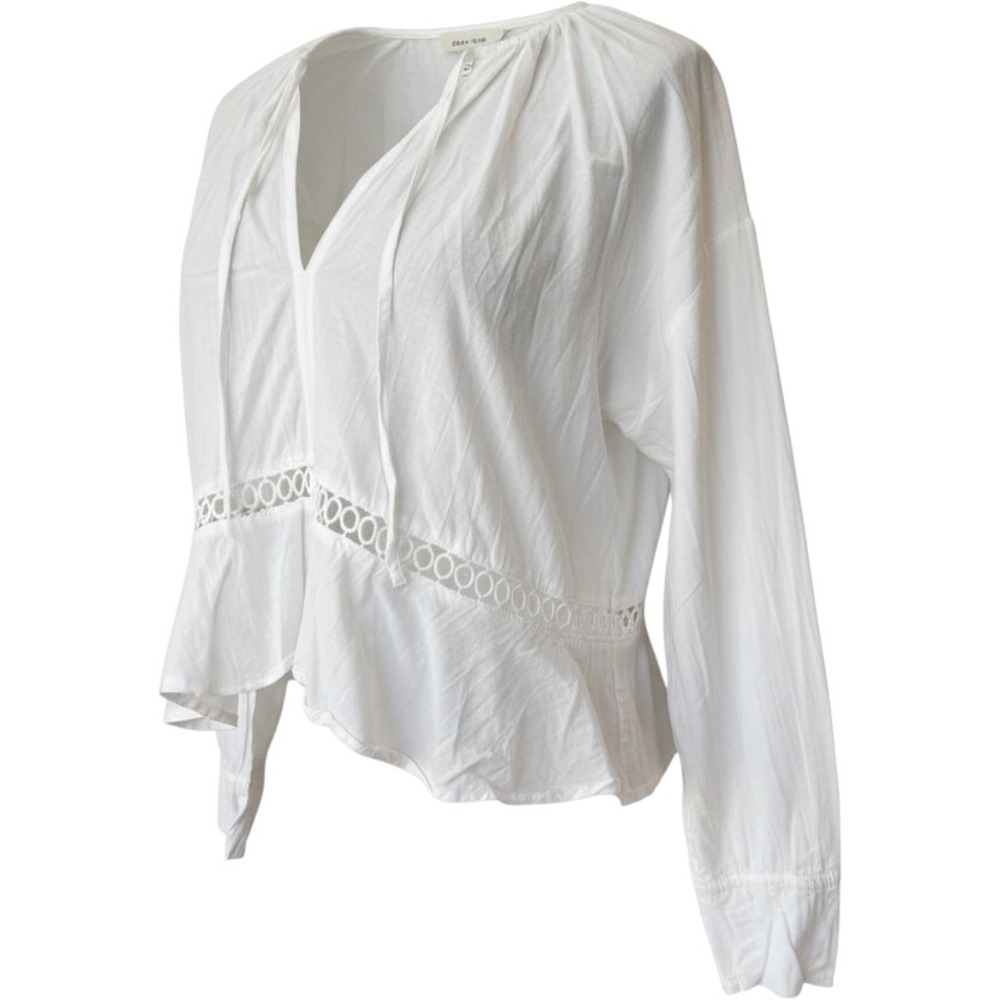 Pure Cotton White Peasant Blouse Crochet Lace Tie Neck Long Sleeve Top